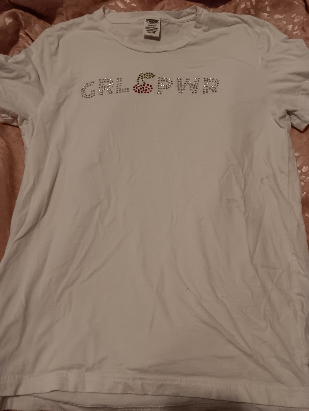 PINK Victoria's Secret White 'GRL PWR' Rhinestone Tee. L